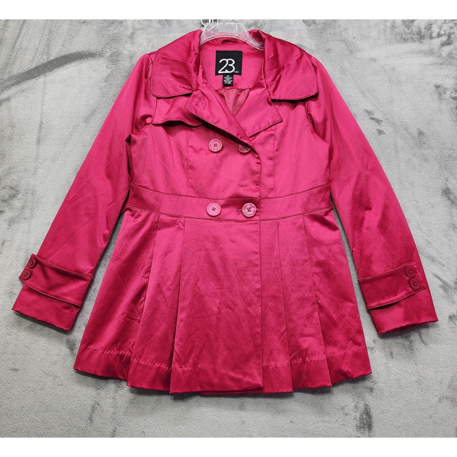 23rd Street Jacket Womens M Hot Pink Satin Sheen Double Breasted Trench Coat